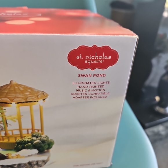 NIB St. Nicholas Square Village Swan Pond Christmas Decor Lights Music & Motion - Picture 3 of 9
